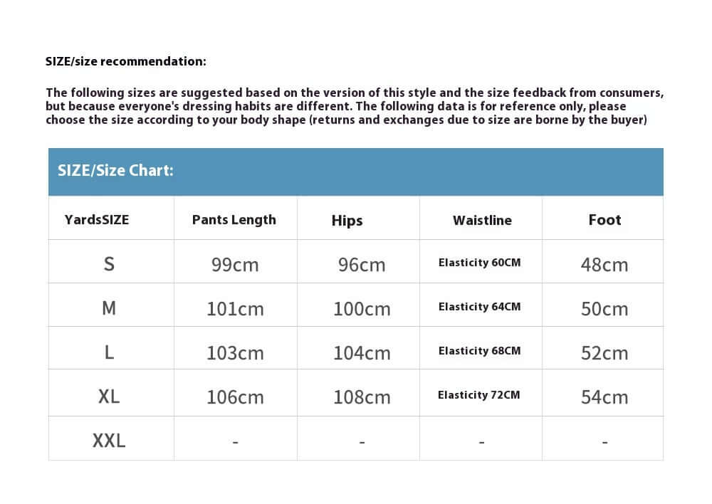 Size chart for denim trousers for men, including measurements for S, M, L, XL, and XXL sizes.