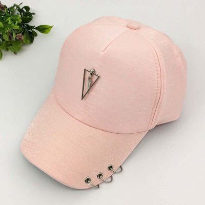 Pink baseball cap with rivet detail and triangle logo by BONEHEAD PRO-CREATIONS, stylish and adjustable for all genders.
