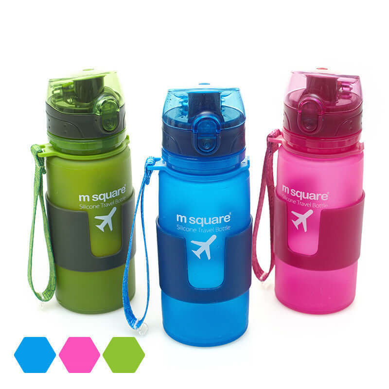 Portable sports water bottles in blue, green, and pink made of Platinum Silicone for outdoor activities.
