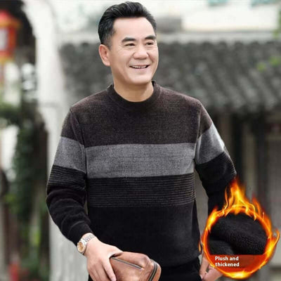 Warm fleece-lined pullover sweater for men, suitable for winter, featuring a stylish striped design.