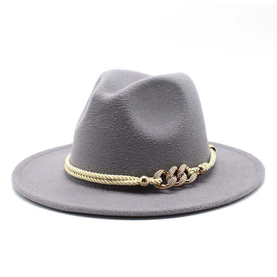Gray women's fedora hat with gold chain detail, stylish British vintage accessory by BONEHEAD PRO-CREATIONS.