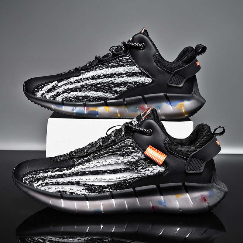 BONEHEAD PRO-CREATIONS breathable sports shoes with a stylish black and white design for casual running and everyday wear.