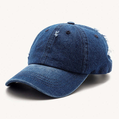 Distressed denim baseball cap in dark blue by BONEHEAD PRO-CREATIONS, adjustable fit for all seasons.