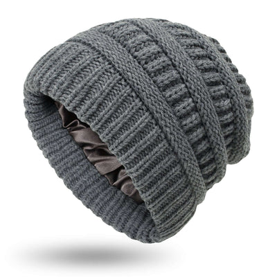 Warm woolen knit satin hat for women, grey color, designed for protective hairstyles, BONEHEAD PRO-CREATIONS.