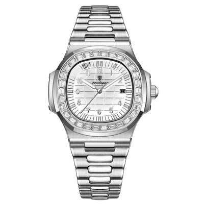 Luxury stainless steel men's quartz watch with silver dial and diamond accents from BONEHEAD PRO-CREATIONS.