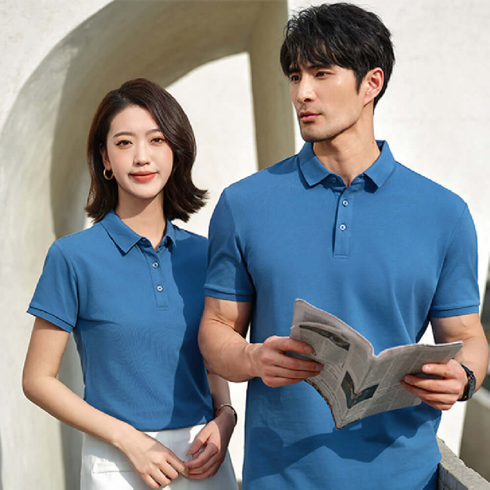Couple wearing blue short sleeve lapel work t-shirts, showcasing casual summer style for men and women.