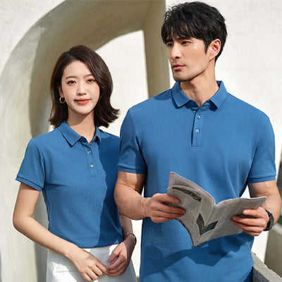 Couple wearing blue short sleeve lapel work t-shirts, showcasing casual summer style for men and women.