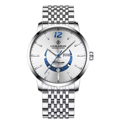 Men's business quartz wristwatch with stainless steel band, silver dial, and blue accents by LOUIE JUELEN.