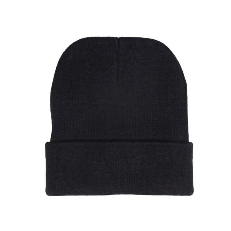 Black knitted beanie cap by BONEHEAD PRO-CREATIONS, suitable for men and women for winter and autumn wear.