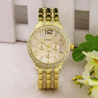 Exquisite Rhinestone Wrist Watch by BONEHEAD PRO-CREATIONS, gold color, quartz movement, 42mm dial, stylish design.