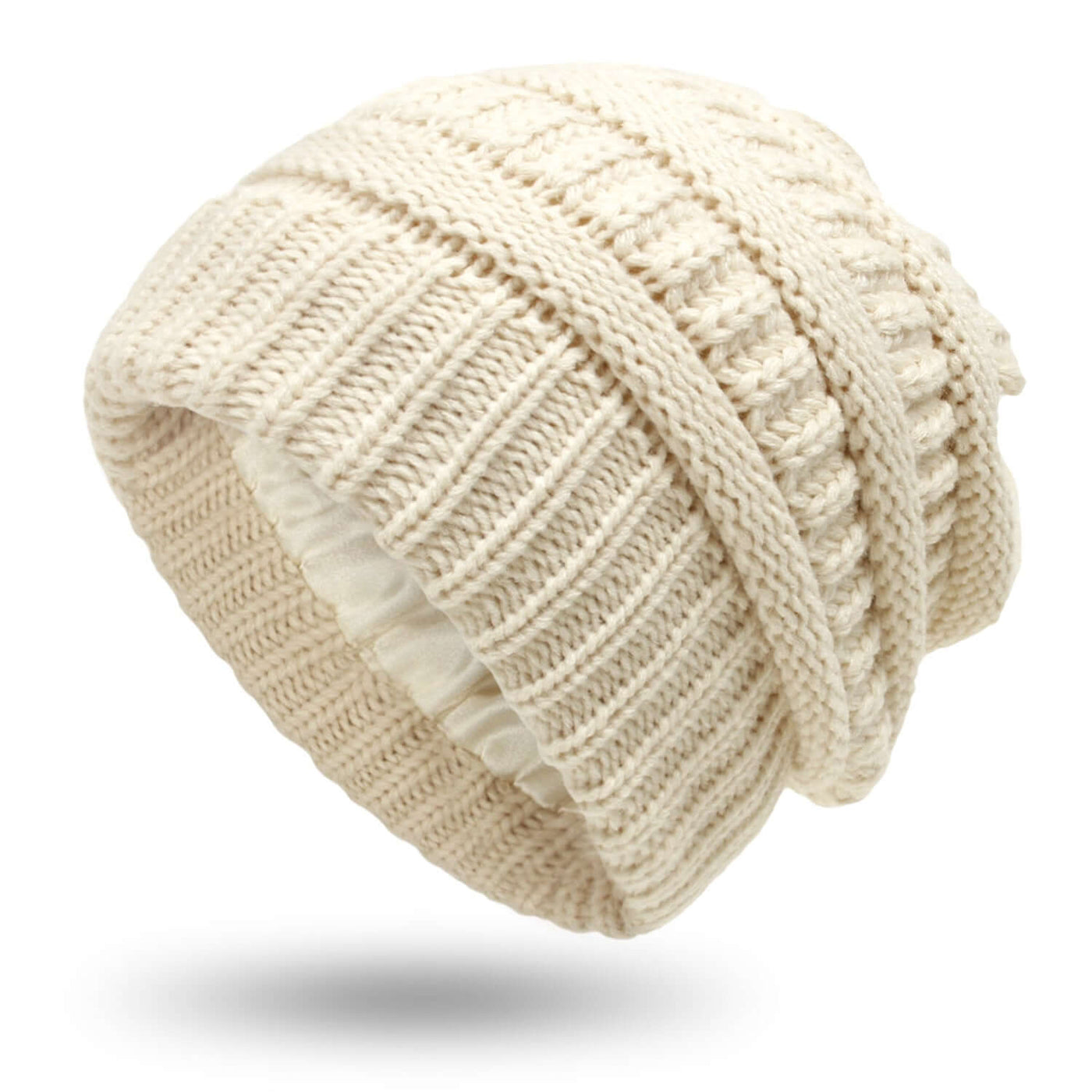 Warm woolen knit satin hat in creamy white, perfect for protective hairstyles in winter and autumn.