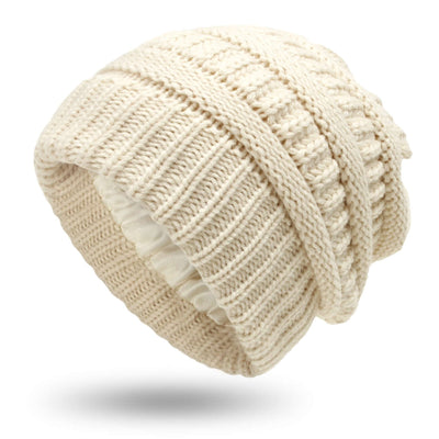 Warm woolen knit satin hat in creamy white, perfect for protective hairstyles in winter and autumn.