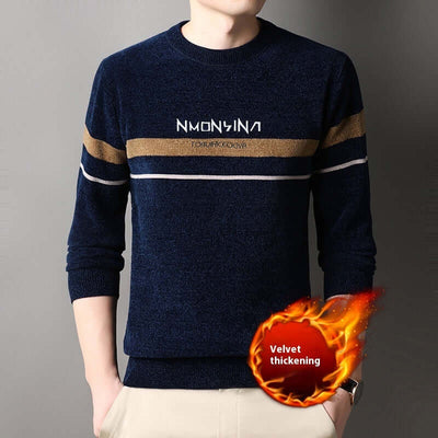 Men's navy pullover sweater with velvet lining, loose fit, perfect for winter leisure wear.