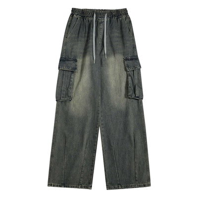 Stylish men's denim trousers in gray with elastic waistband and cargo pockets, suitable for work and casual wear.