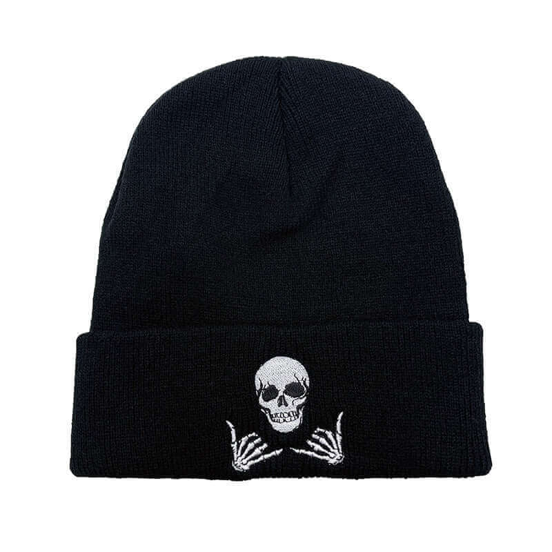 Black knitted hat for men and women with skull and hands design, perfect for cold weather, by BONEHEAD PRO-CREATIONS.