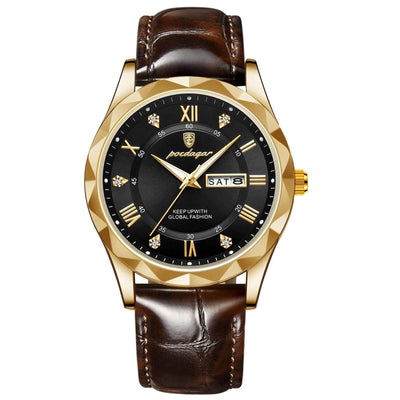 Luxury men's quartz wrist watch with brown leather band and black dial, part of BONEHEAD PRO-CREATIONS collection.