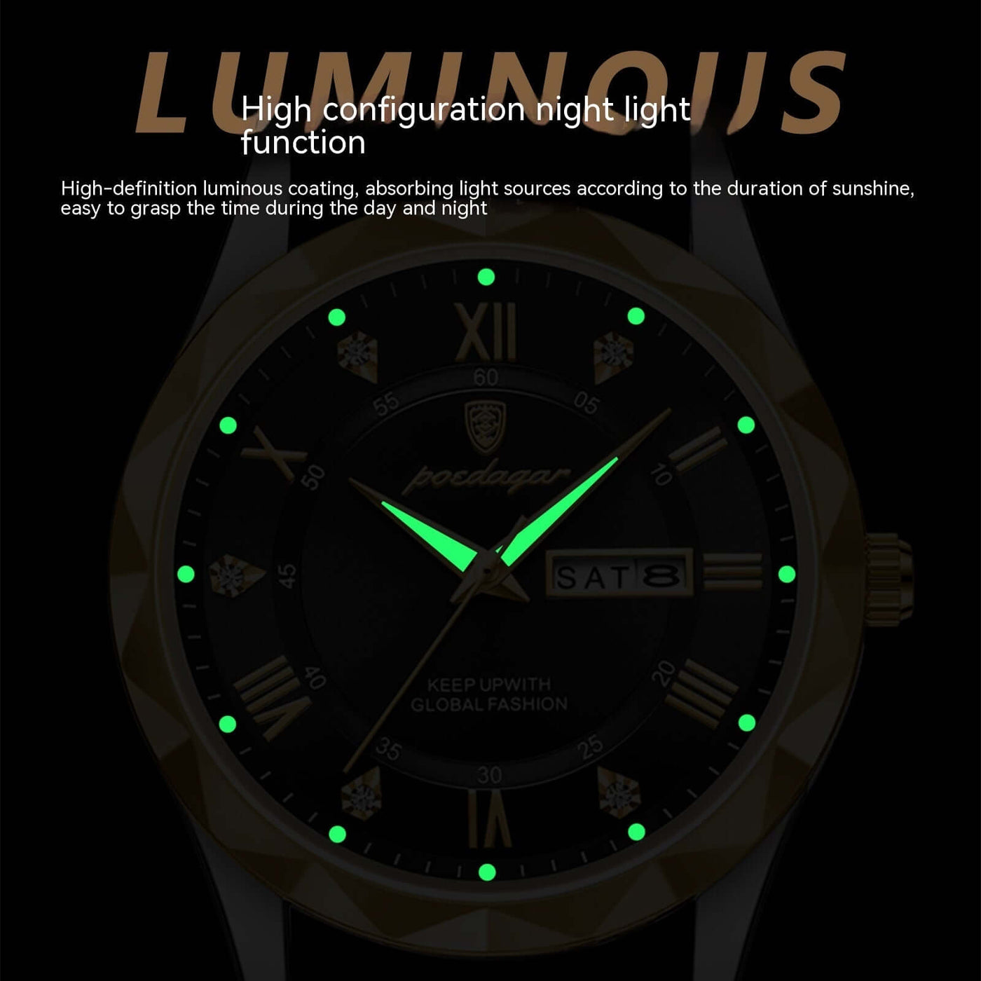 Men's luxury watch with luminous night light feature, showcasing time visibility day and night, BONEHEAD PRO-CREATIONS.