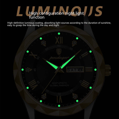 Men's luxury watch with luminous night light feature, showcasing time visibility day and night, BONEHEAD PRO-CREATIONS.