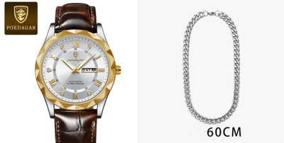 Luxury men's quartz watch with brown leather band and silver-gold face, accompanied by a 60CM silver chain.