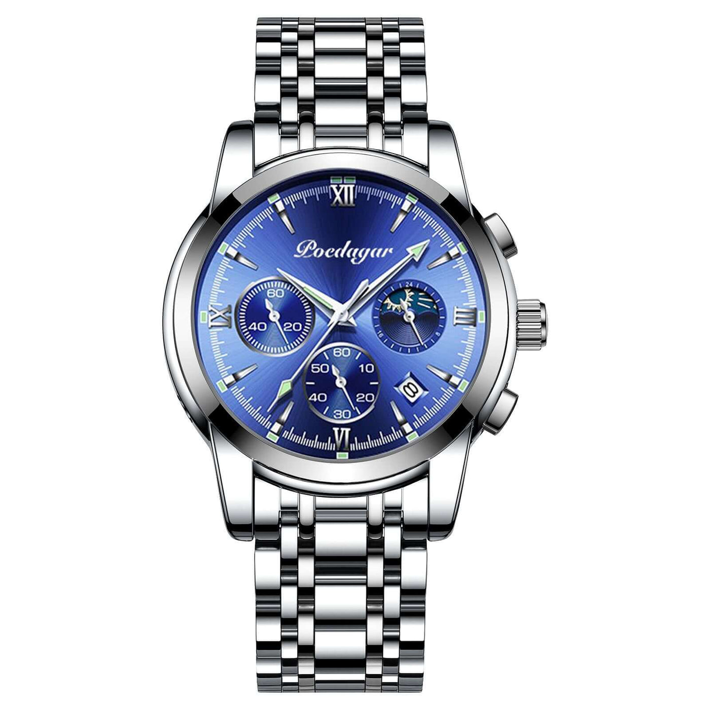 Multifunctional men's blue quartz wrist watch with steel bracelet by BONEHEAD PRO-CREATIONS.