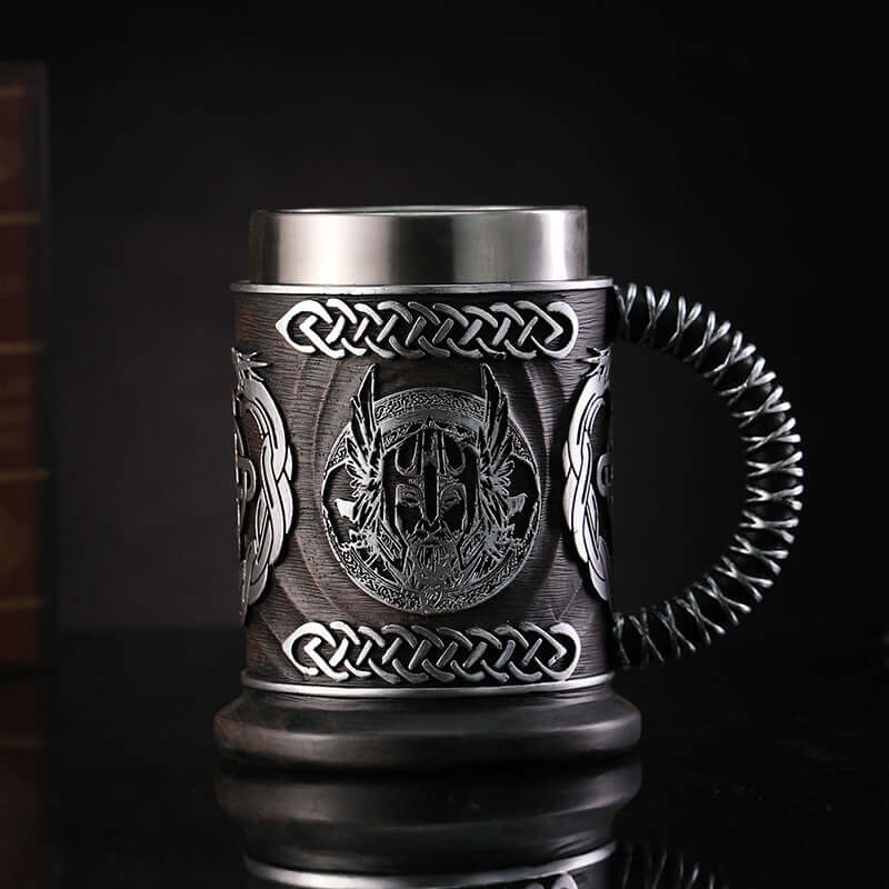 Vintage stainless steel retro beer mug with intricate designs and a braided handle, ideal for home decor and gatherings.