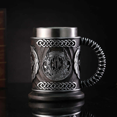 Vintage stainless steel retro beer mug with intricate designs and a braided handle, ideal for home decor and gatherings.