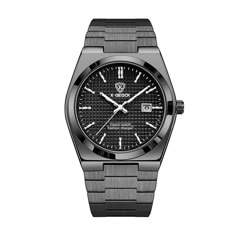 Men's BONEHEAD PRO-CREATIONS quartz wrist watch with black face and steel strap, stylish and water-resistant.