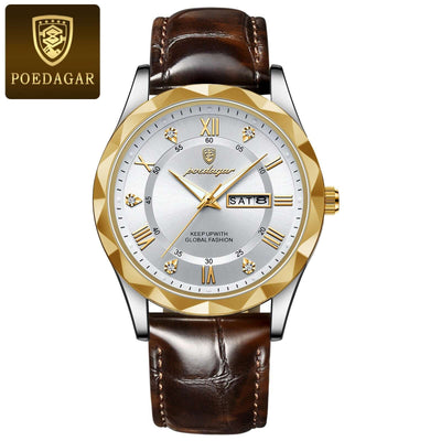 Luxury men's quartz watch with brown leather strap and gold-tone bezel, by POEDAGAR, showcasing fashion and elegance.