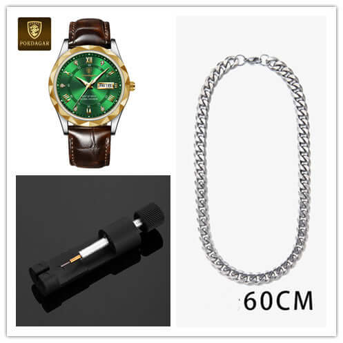 Luxury men's quartz wrist watch with green face and leather strap, silver chain necklace, and watch accessory tool.