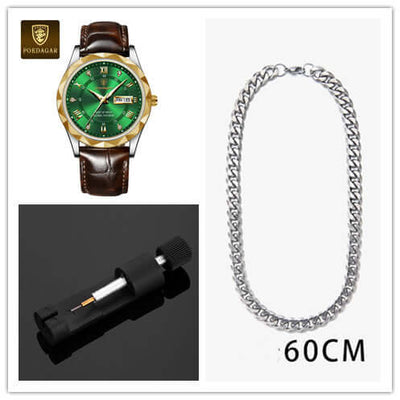 Luxury men's quartz wrist watch with green face and leather strap, silver chain necklace, and watch accessory tool.