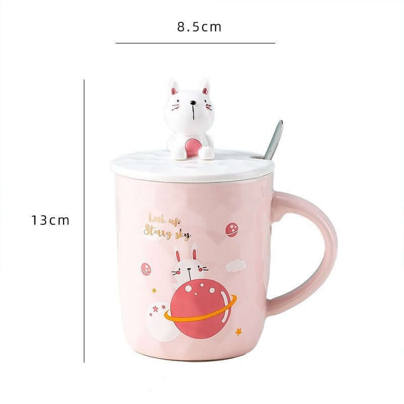Creative pink cartoon mug with cat lid, 350ml capacity, perfect for household use, suitable for all ages.