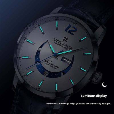 Master Moon Phase Luminous Waterproof Wrist Watch with leather strap and quartz movement by BONEHEAD PRO-CREATIONS.