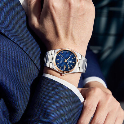 Men's watch with a blue dial and silver steel bracelet, perfect for business style, by BONEHEAD PRO-CREATIONS.