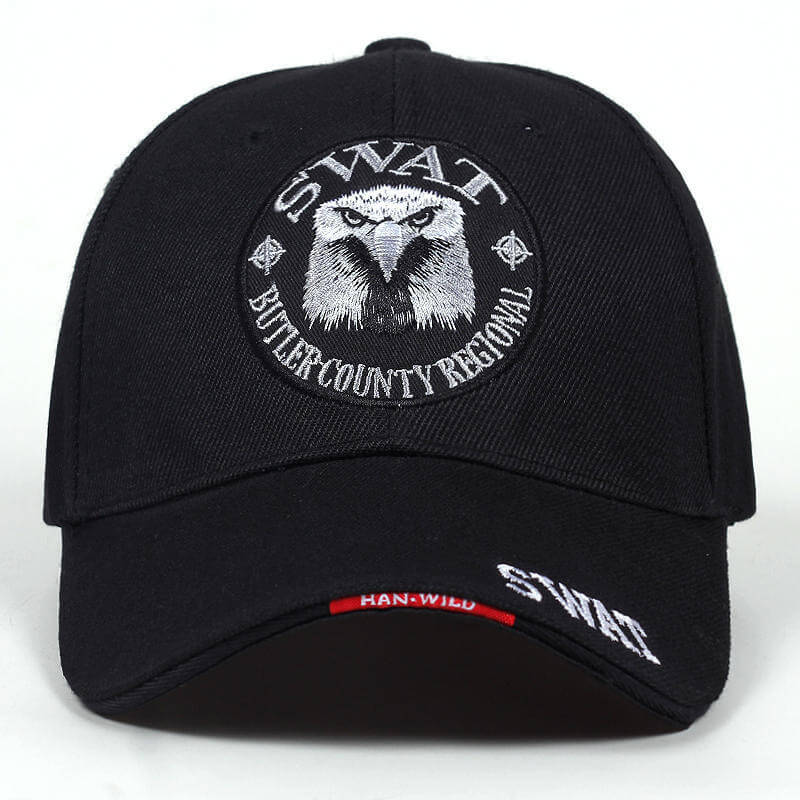 Black baseball cap with SWAT logo and eagle embroidery, suitable for casual outdoor wear.
