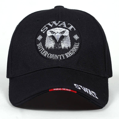 Black baseball cap with SWAT logo and eagle embroidery, suitable for casual outdoor wear.
