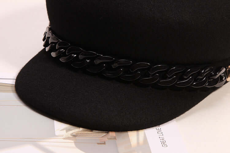High-end black wool beret with a stylish black chain band by BONEHEAD PRO-CREATIONS for women.