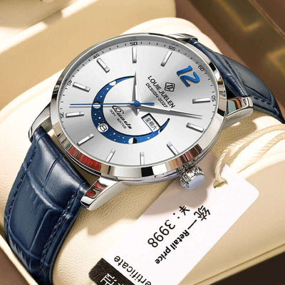 Master Moon Phase Men's Quartz Watch with Blue Leather Strap by BONEHEAD PRO-CREATIONS, Water-resistant Fashion Timepiece.