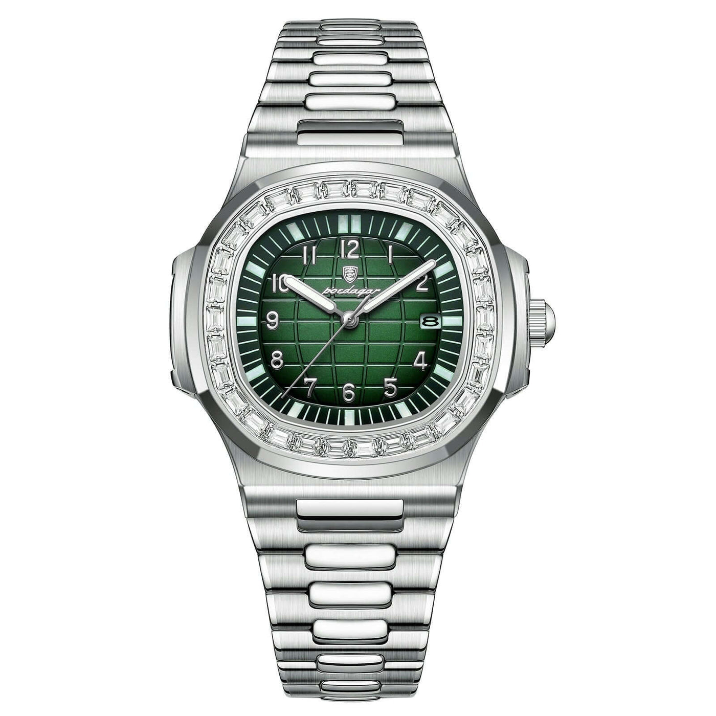 Men's luxury waterproof quartz wrist watch with a green dial and stainless steel strap by BONEHEAD PRO-CREATIONS.