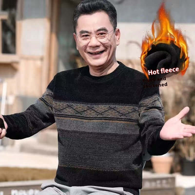 Middle-aged man wearing a warm fleece-lined sweater, smiling outdoors, perfect for winter leisure activities.