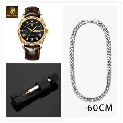 Luxury men's quartz wrist watch with brown leather band, silver chain necklace, and watch tool.