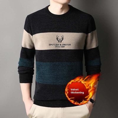 Stylish men's winter pullover sweater with velvet thickness, featuring stripes and long sleeves, perfect for middle-aged leisure wear.
