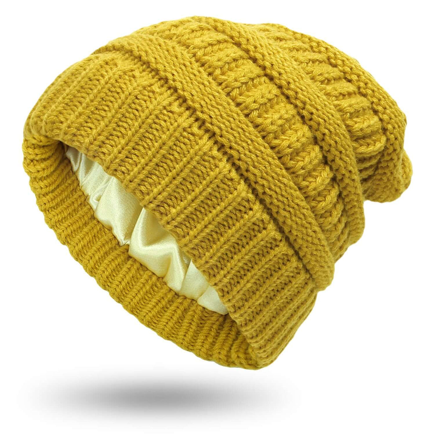 Warm woolen knit satin hat in yellow, ideal for protective hairstyles in winter and autumn, by BONEHEAD PRO-CREATIONS.