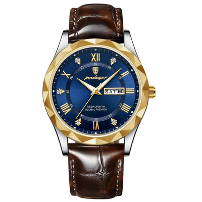 Luxury men's quartz wrist watch with brown leather band and blue dial, BONEHEAD PRO-CREATIONS design.