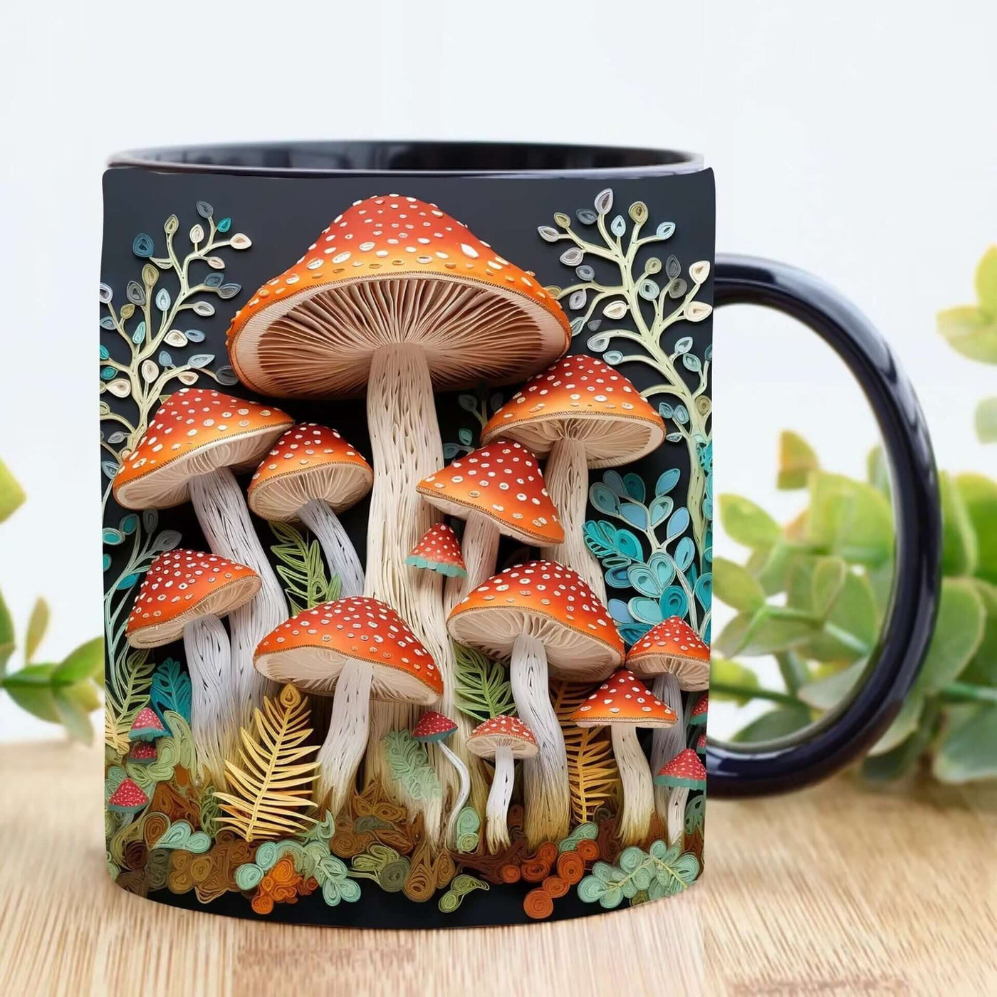 High-end ceramic magic mushroom mug with vibrant red mushrooms and decorative foliage, capacity 300ml.