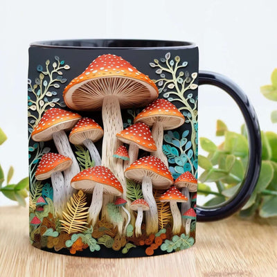High-end ceramic magic mushroom mug with vibrant red mushrooms and decorative foliage, capacity 300ml.