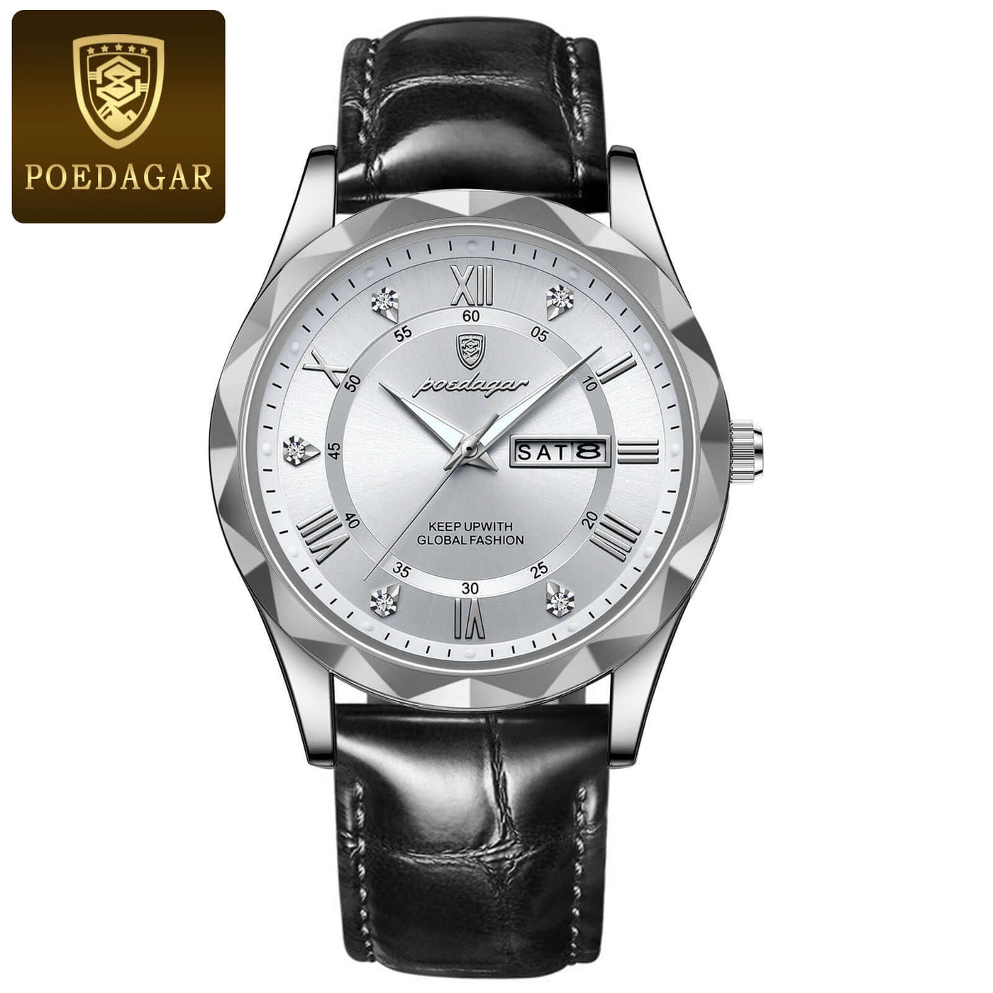 Luxury men's quartz wrist watch with silver face, diamond markers, and black leather band by POEDAGAR.