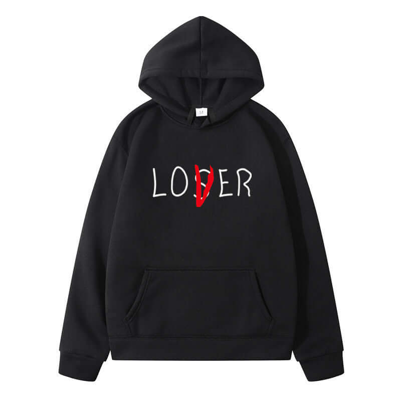 Black hoodie featuring 'LOVER' graphic print, perfect for men and women winter lovers.