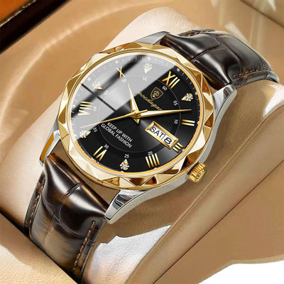 Luxury men's quartz wrist watch by BONEHEAD PRO-CREATIONS with a black and gold design on a brown leather strap.