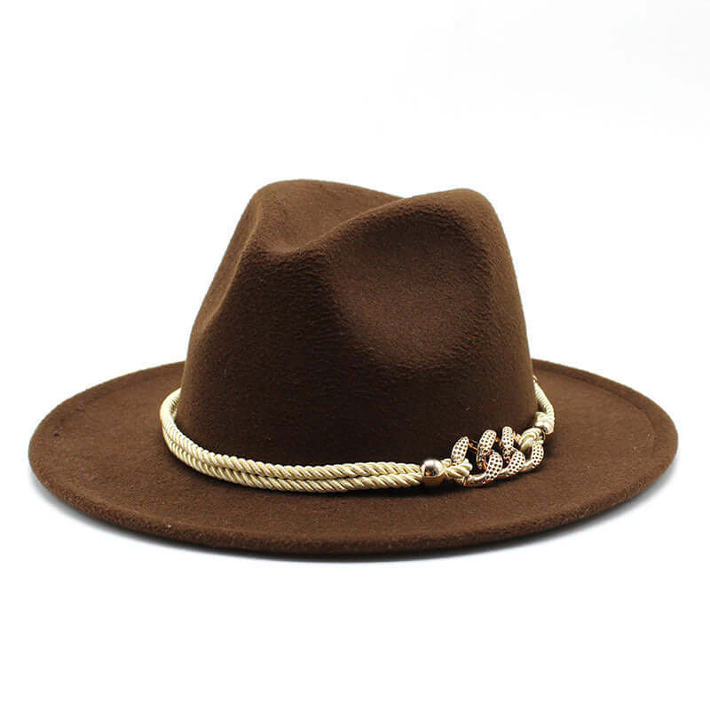 Brown women's fedora hat with decorative rope band from BONEHEAD PRO-CREATIONS, perfect vintage accessory.