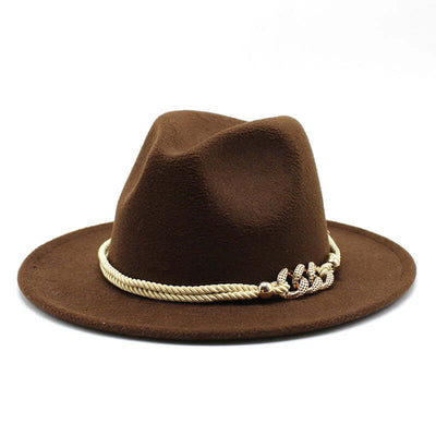 Brown women's fedora hat with decorative rope band from BONEHEAD PRO-CREATIONS, perfect vintage accessory.